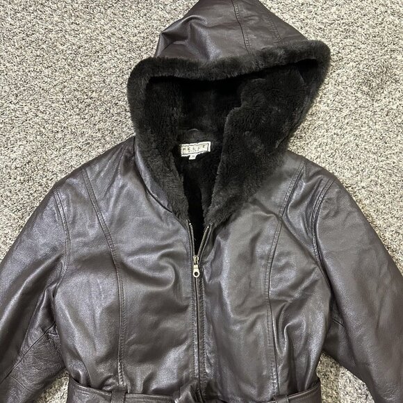 Wilsons Leather Pelle Studio Hooded Faux Fur Trim Lined Jacket Penny Lane Size M - Picture 2 of 5